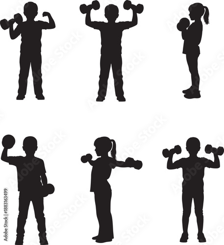 Silhouette of people exercising with dumbbells in various poses
