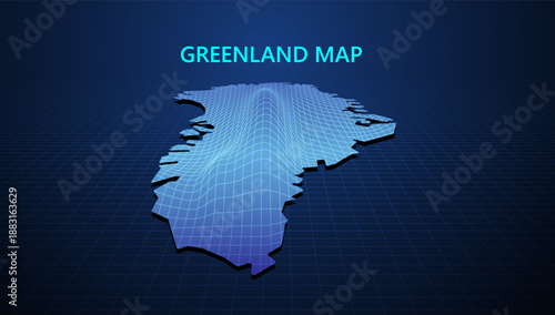 Greenland map 3D wireframe mesh perspective on dark blue background. Geography technology concept. Vector eps10.