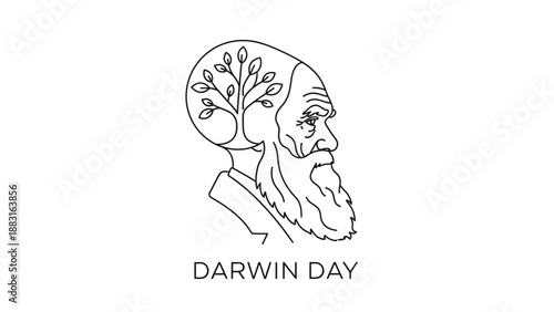 Charles darwin illustration with tree growing from head symbolizing