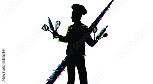 Skilled chef silhouette juggling culinary tools with vibrant festive lights