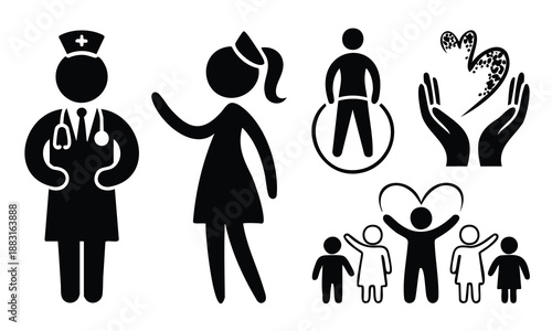 Set bundle world health day silhouette doctor nurse family care people concept