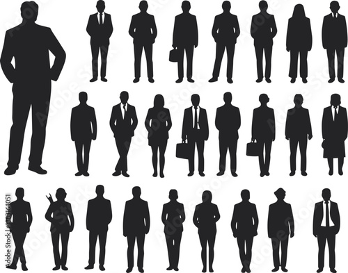 Business silhouettes of diverse professionals, corporate attire, workforce representation, black design, minimal art, team structure, leadership concept