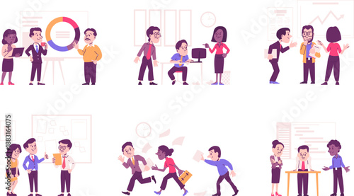 Corporate office life scenes with employees flat illustration set