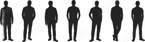 Male silhouette set in casual standing poses, posture variation, black design, minimal art, body language, fashion identity