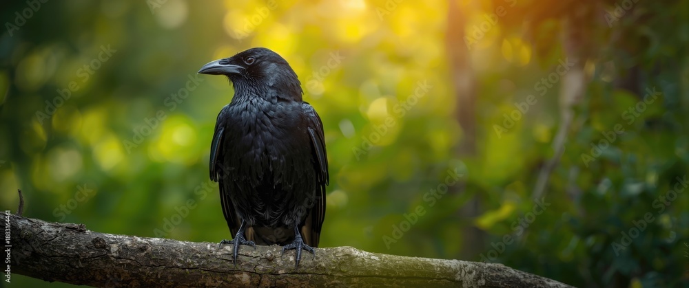 Obraz premium Large Black Raven resting on a branch in a close-up view