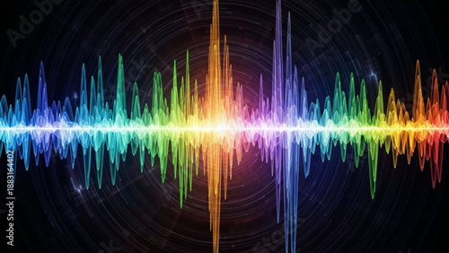 Vibrant sound wave with rainbow colors on black background