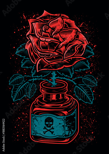 Rose inside an ink bottle detailed illustration vector. Artwork for t-shirt, hoodie, clothes, poster, designs, prints. Concept of rock, music, skate, tattoo, poetry, love, muse, creativity.