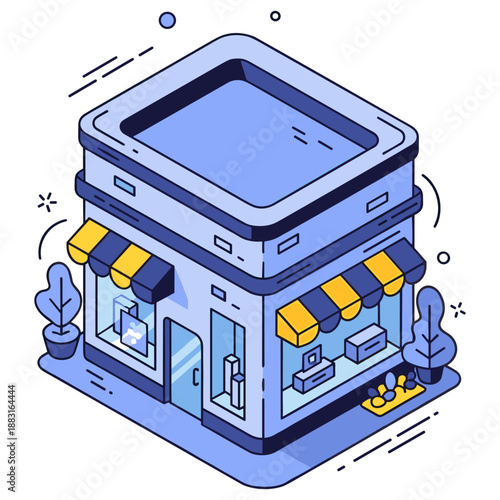 Isometric cartoon shop with blue and yellow awnings and small trees. No editable stroke