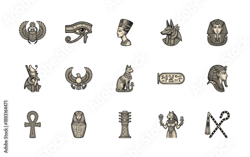 Vintage Woodcut Ancient Egyptian Deities and Symbols Graphic Element Sheet for Historical Branding
