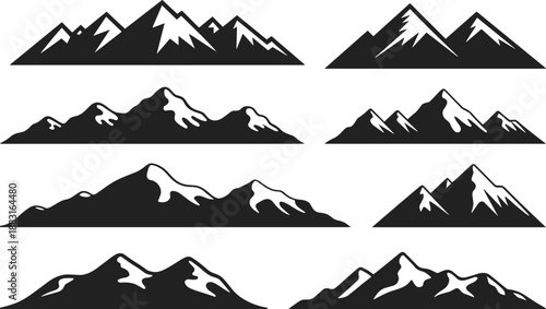 Mountain range silhouette set, black and white design, snowcapped peaks, minimal art, outdoor theme, nature illustration, graphic elements