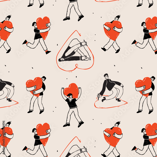 Naive Seamless Pattern with Diverse People Carrying Big Hearts for Self Love and Empathy Concept