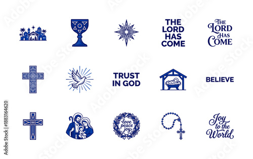 Minimalist Blue Line Art Christian Nativity and Faith Symbols Graphic Asset Kit for Religious Holiday Projects