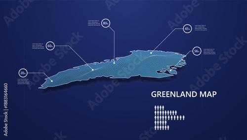Greenland map infographic with percentage data and population icons on blue background. Vector eps10.