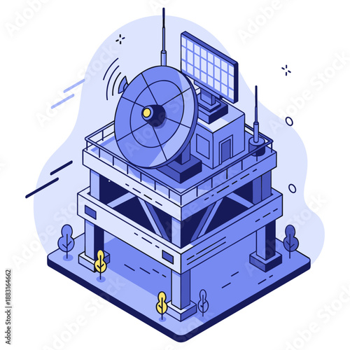 Isometric satellite tower: communication technology center with satellite dish and solar panel. No editable stroke