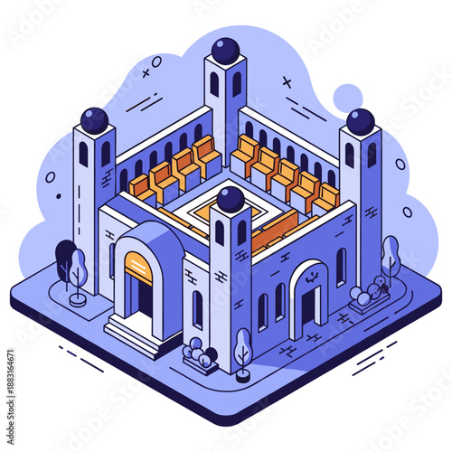 Isometric blue castle with towers and courtyard in cartoon style. No editable stroke