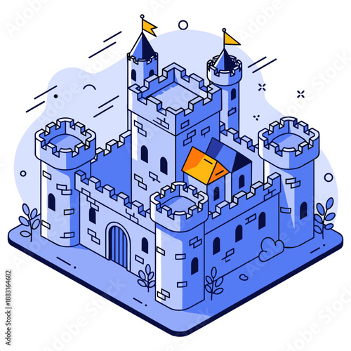 Cartoon medieval castle illustration with towers and flags. No editable stroke