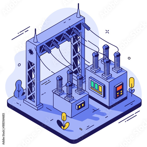 Isometric illustration of an electrical substation with transformers and power lines. No editable stroke