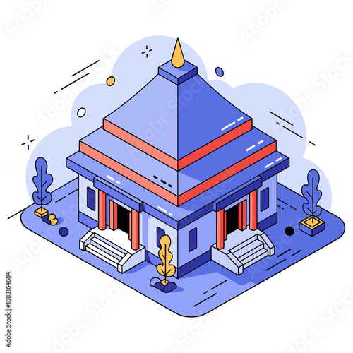Colorful isometric temple with trees and geometric patterns. No editable stroke