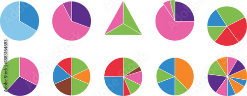 Colorful pie chart and triangle infographic set, segmented data visualization icons, analytics vector elements, circular and geometric dashboard graphics