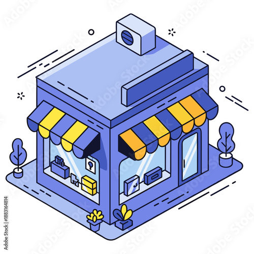Colorful small storefront with yellow and blue awnings and plants. No editable stroke