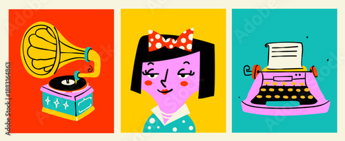 Retro character portraits and vintage objects set in naive modern style