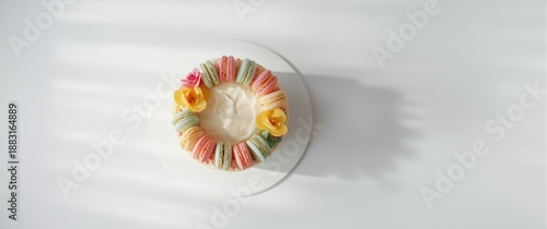Colorful Fresh Macaroons atop pastel cake with tag. Cake and macaron or macaroon on white background, pastel cake concept, Food concept background