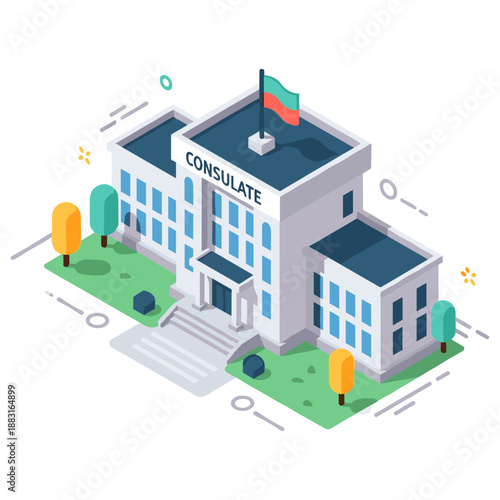 Isometric illustration of a government consulate building with flag and landscaping