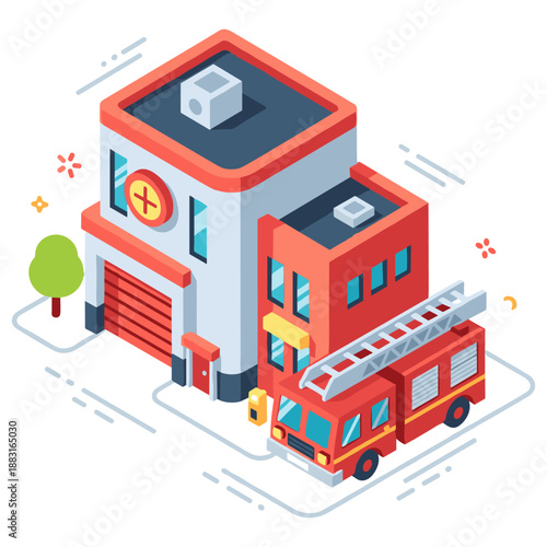 Isometric fire station with firetruck and modern architecture design