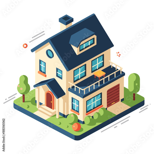 Colorful isometric suburban house illustration with garden and driveway