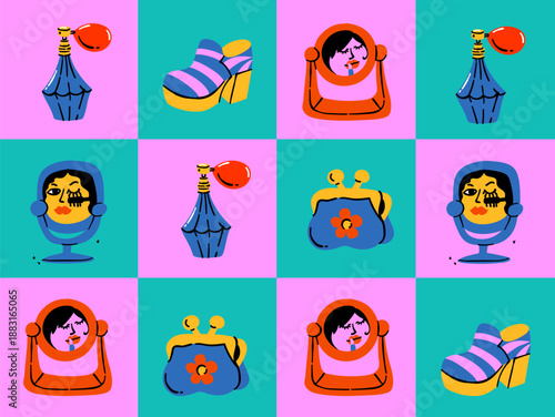 Retro character portraits and vintage objects set in naive modern style