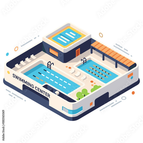 Modern swimming center isometric design with pools and recreation areas