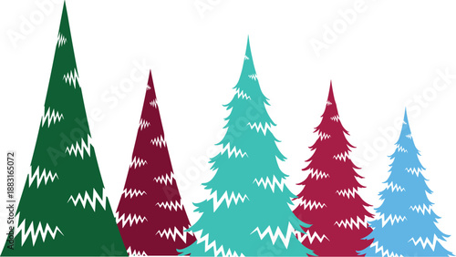 Evergreen tree vector set, winter forest icons, stylized holiday trees, colorful seasonal graphics, zigzag branch design, festive nature elements, simplified illustration