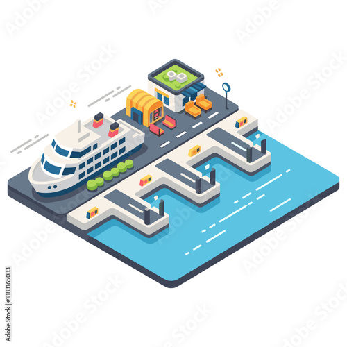 Isometric harbor scene with ferry, docks, and modern terminal