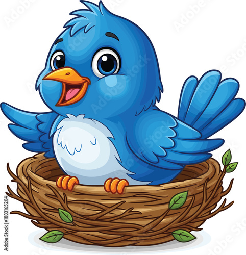 Cartoon blue bird sitting in nest with open beak and spread wings, cheerful nature theme illustration, transparent background graphic