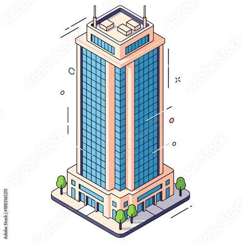 Modern isometric skyscraper with blue glass windows and surrounding trees