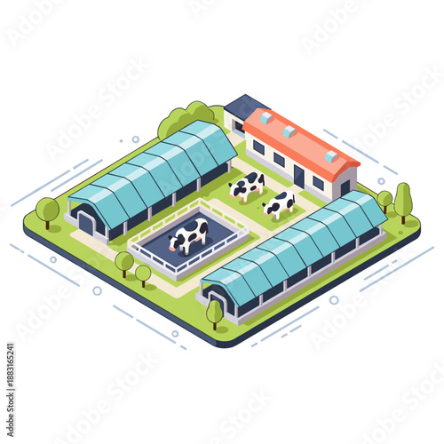 Modern dairy farm with cows and barns in isometric design