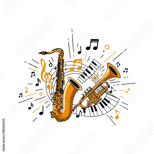 Illustration of a saxophone and trumpet surrounded by music notes and a piano keyboard on a white background with a vibrant and creative mood.