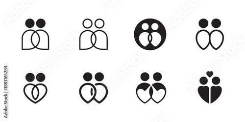Relationship icons partnership symbols set illustrating connection and togetherness two people designs representing unity and affection suitable for modern logo concepts 