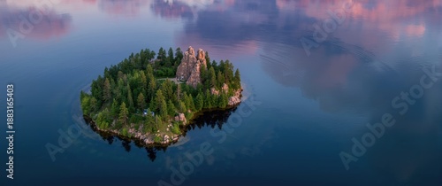 An island reflected in the mirrored waters of sunset Ladoga
