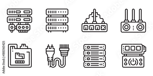 computer server rack icons set network hardware data storage equipment router modem cable connector and interface for technology website or digital service design isolated