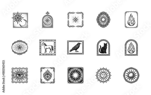 Vintage Woodcut Mystical Occult Celestial Symbols Engraving Element Kit for Tarot and Spiritual Branding