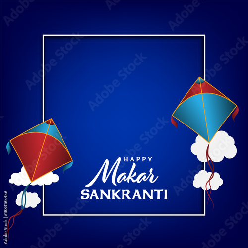 Makar Sankranti festival greeting card with white frame and kites on dark blue background. Vector eps10.