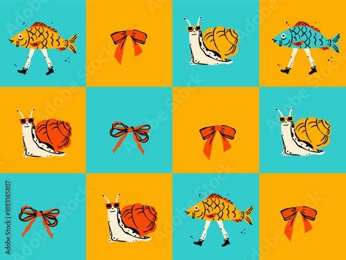 Quirky Surreal Characters Set with Fish on Legs and Snail in Glasses