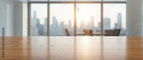 Wooden table with no objects, set in a blurry office space with city skyline view, perfect for product montage or visual design