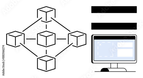 Simplified network of connected cubes alongside a computer monitor displaying interface elements. Ideal for blockchain, data management, technology, decentralization, connectivity, digital security