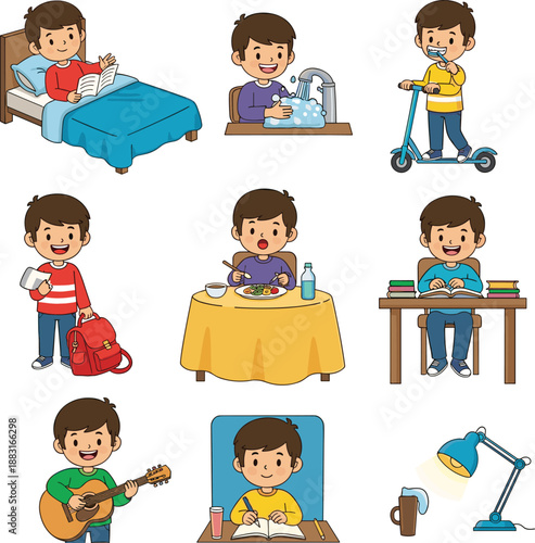 Cartoon boy performing daily activities including reading, washing, eating, studying, and playing, routine and habit theme illustration, transparent background graphic