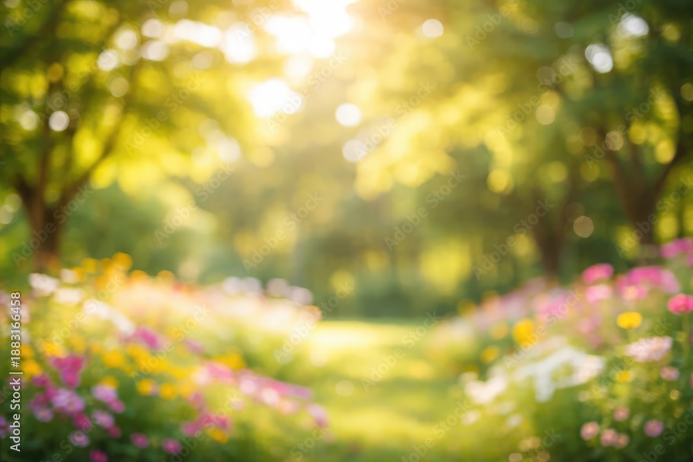 Fototapeta premium Summer outdoor garden scene with blurred green trees and abstract bokeh wallpaper design