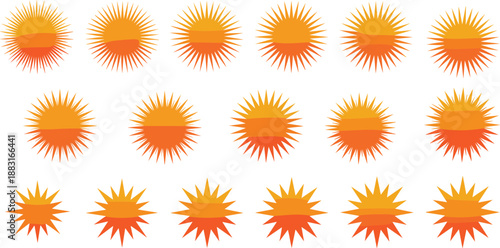 Sun icon set, stylized solar symbols, gradient orange yellow rays, minimal summer graphics, abstract sunshine design, vector sunburst collection, decorative elements