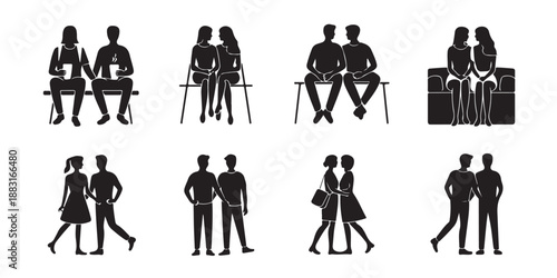 Black silhouette vector collection illustrating couples in various poses sitting on benches or sofas and standing together representing different stages of dating affection and shared intimate moments