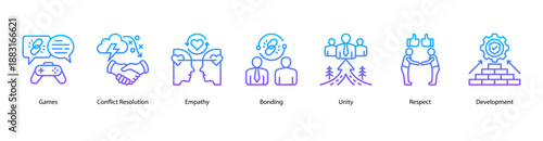 Team Unity web banner vector illustration featuring Games, Conflict Resolution, Empathy, Bonding, Unity, Respect, and Development.